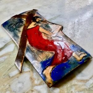 Vintage Handcrafted Enameled Metal "Christ with Cross" Rounded Religious Artwork